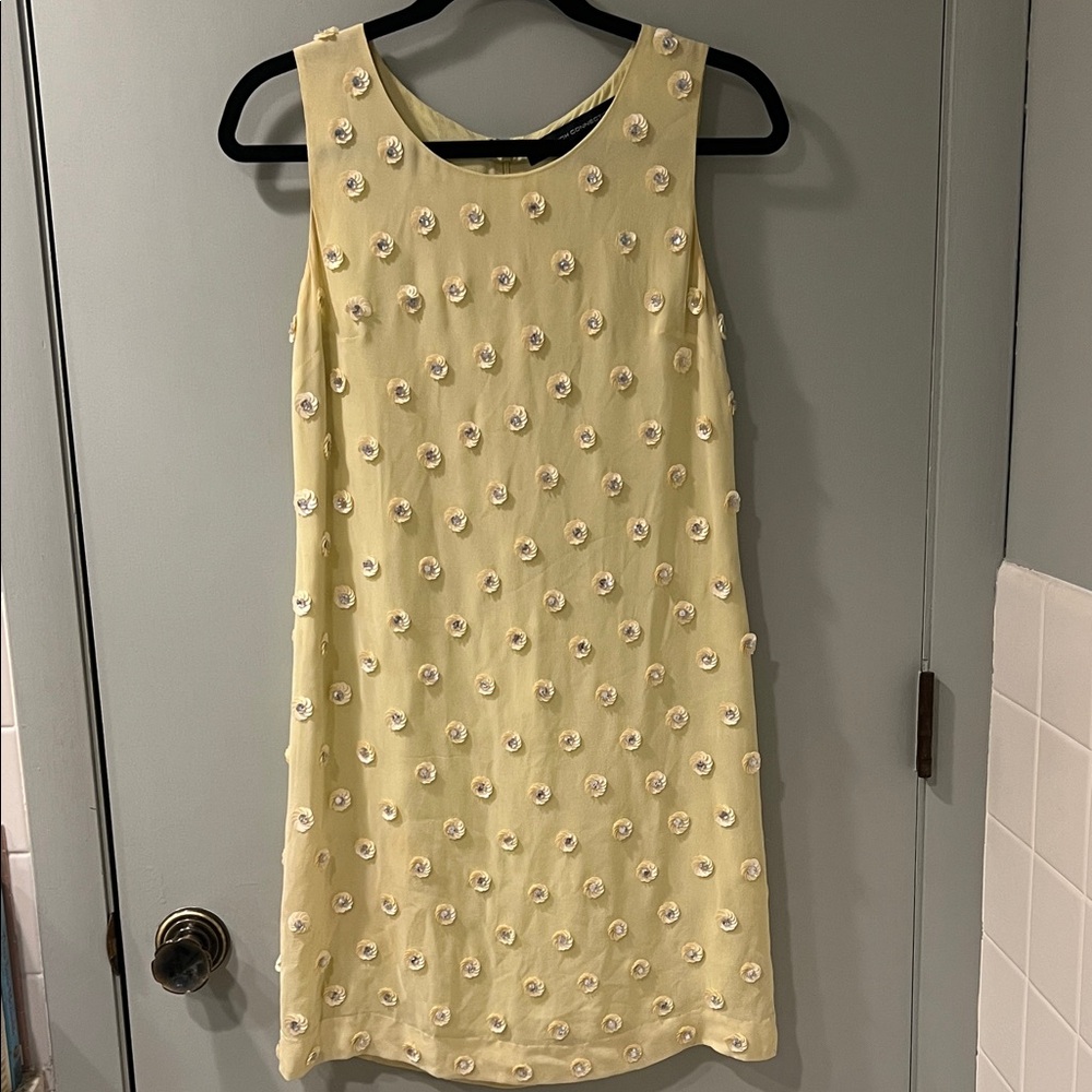 French Connection Light Yellow Sleeveless Silk Dress with Floral Sequin Details
